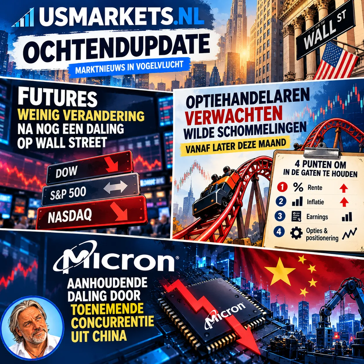 Ochtendupdate 14 oktober 2026, futures vlak, optiehandelaren verwachten wilde schommelingen, Micron daalt door Chinese concurrentie